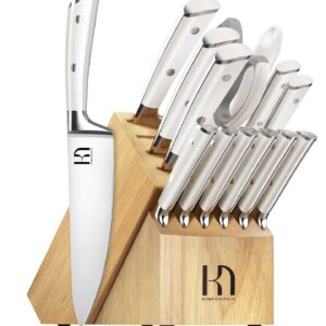 2024 Upgraded Knife Set Premium Japanese 15 Piece High Carbon Stainless Steel Kitchen Knife Block Sets with Sharpener, Razor Sharp Knives Set for Kitchen with Angled Natural Wood Knife Block