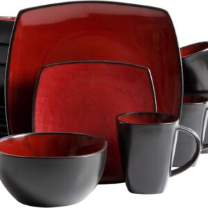 Gibson Soho Lounge Square Reactive Glaze Stoneware Dinnerware Set, Service for 8 (40pc), Red/Black